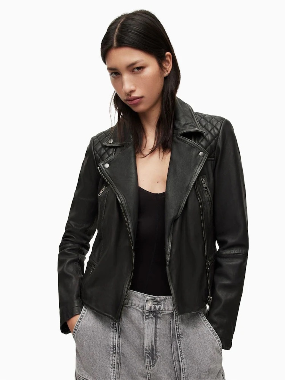 AllSaints Cargo Leather Biker Jacket in Black